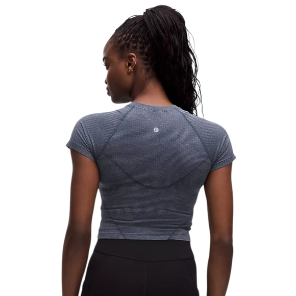 Lululemon Swiftly Tech Crop Short Sleeve 2.0 Club Blue White Stripe Size 14 NWT - Picture 2 of 8